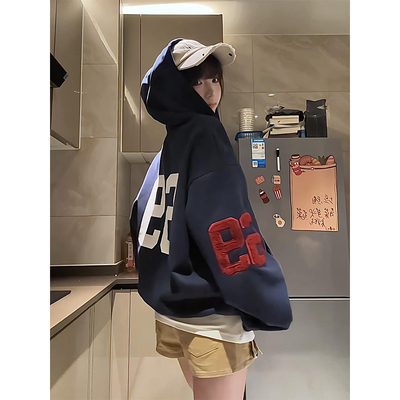 美式复古重磅刺绣连帽开衫卫衣女