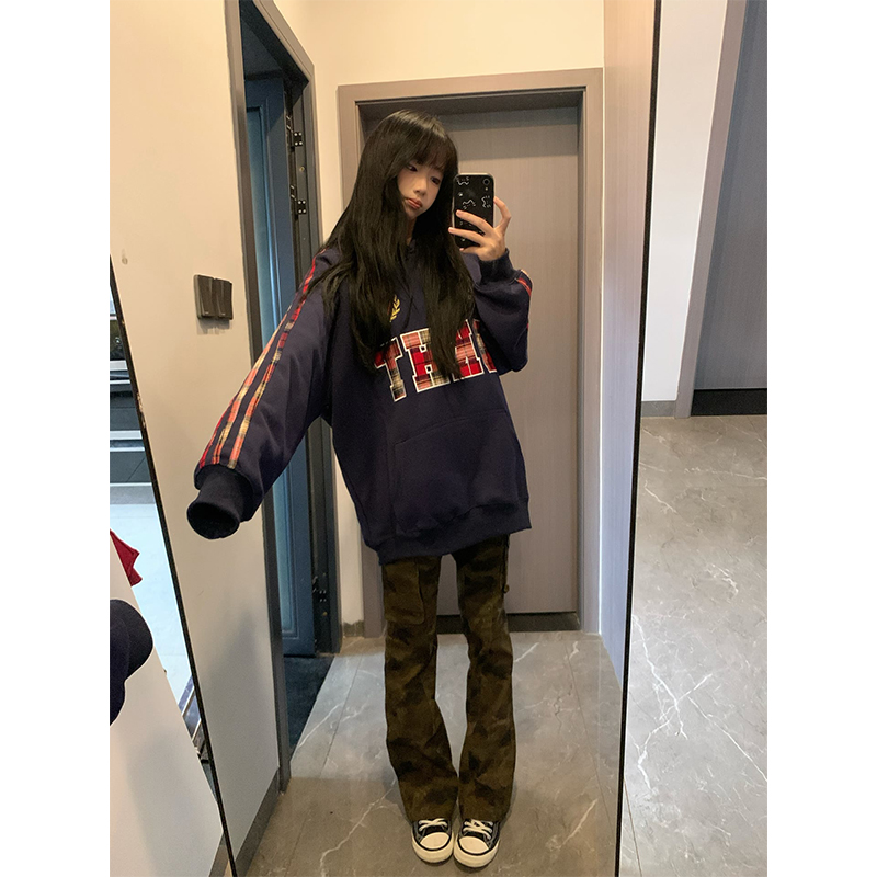 国潮美式三条杠字母刺绣连帽卫衣