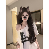 设计感小众辣妹甜酷宽松半袖 一字肩白色短袖 T恤女夏季 露肩U领上衣