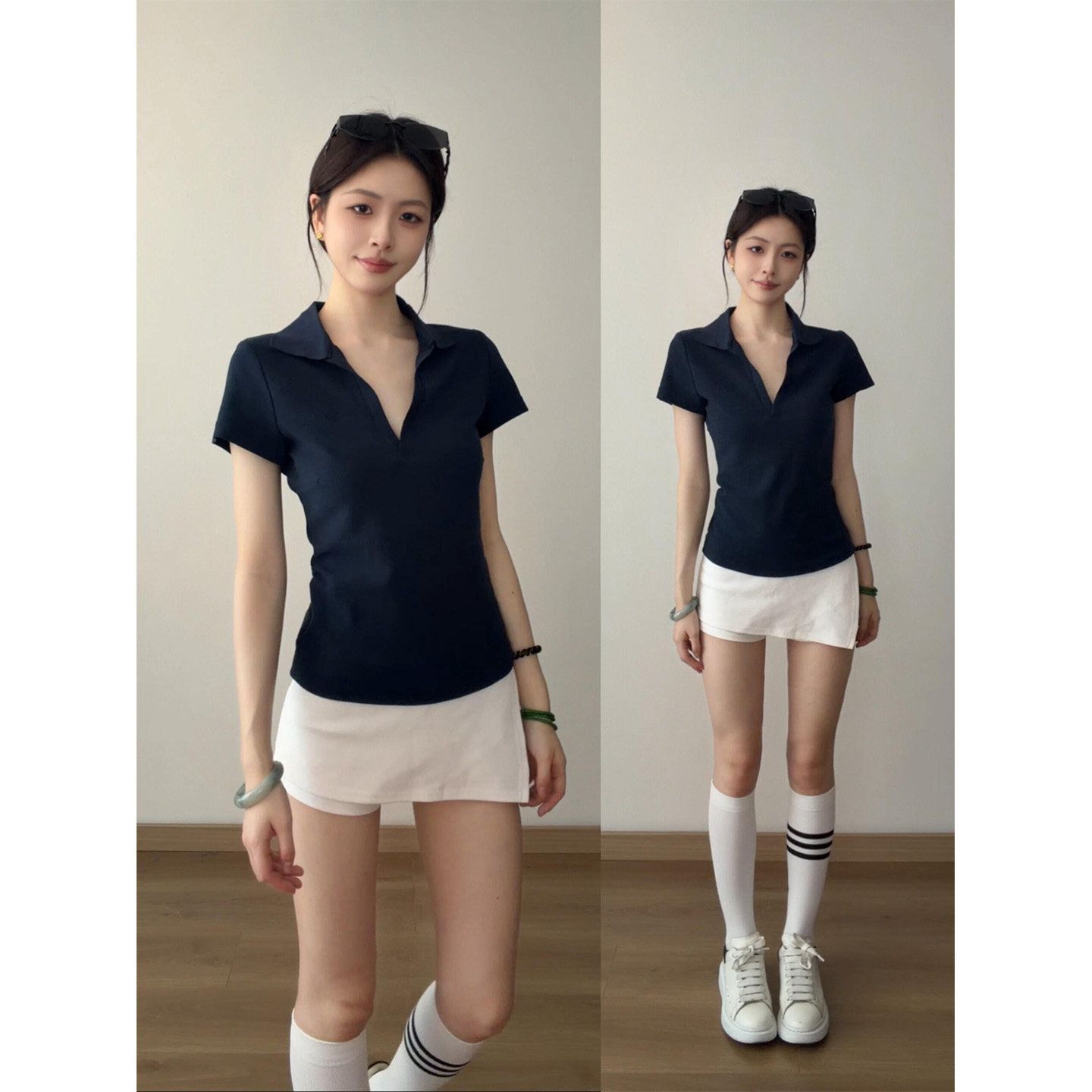 韩系藏青色POLO衫V领短袖t恤女图片