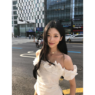 法式卷边提花一字肩短袖t恤女夏