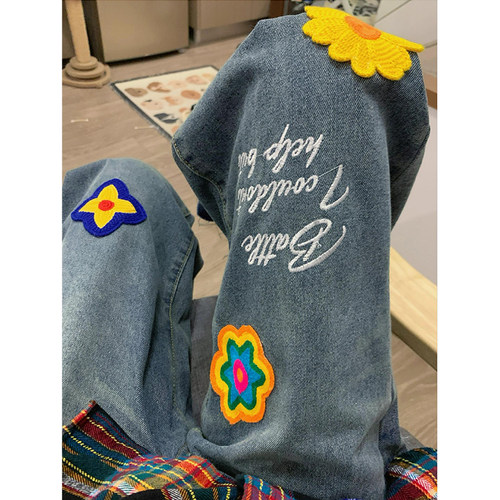 国潮美式创意花瓣字母刺绣牛仔裤