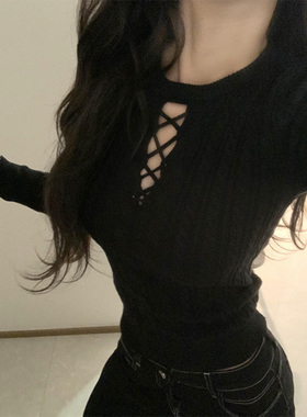 镂空纯欲性感黑色针织衫女秋冬内搭上衣设计感气质修身长袖打底衫