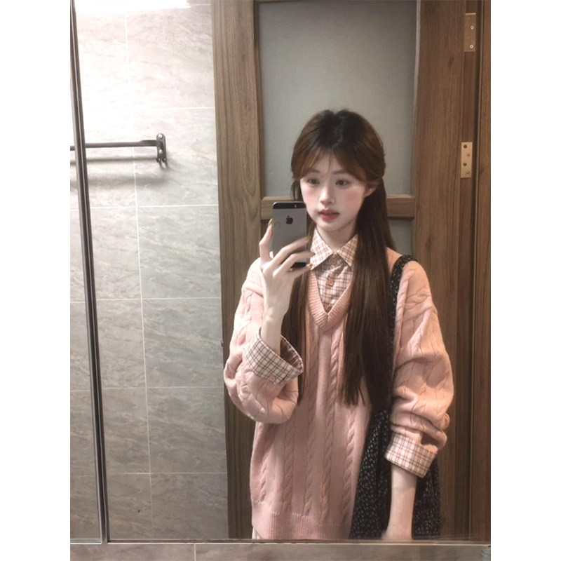 韩系学院风粉色假两件麻花毛衣女冬季宽松衬衫拼接内搭针织衫上衣
