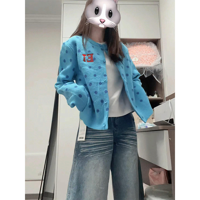 美式复古蓝色波点开衫毛衣外套女