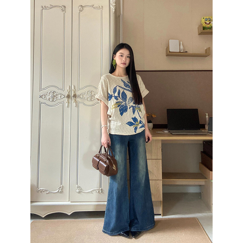 美式复古麻油叶印花纯棉短袖t恤女2025夏季新款宽松显瘦半袖上衣
