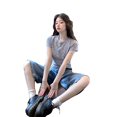 美式波点正肩短袖灰色t恤女夏季