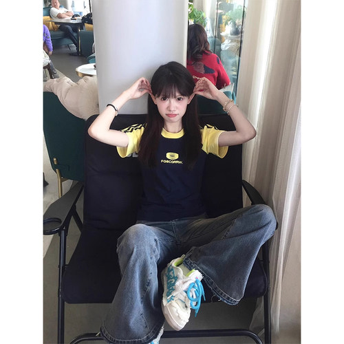 美式复古辣妹正肩短袖t恤女夏季