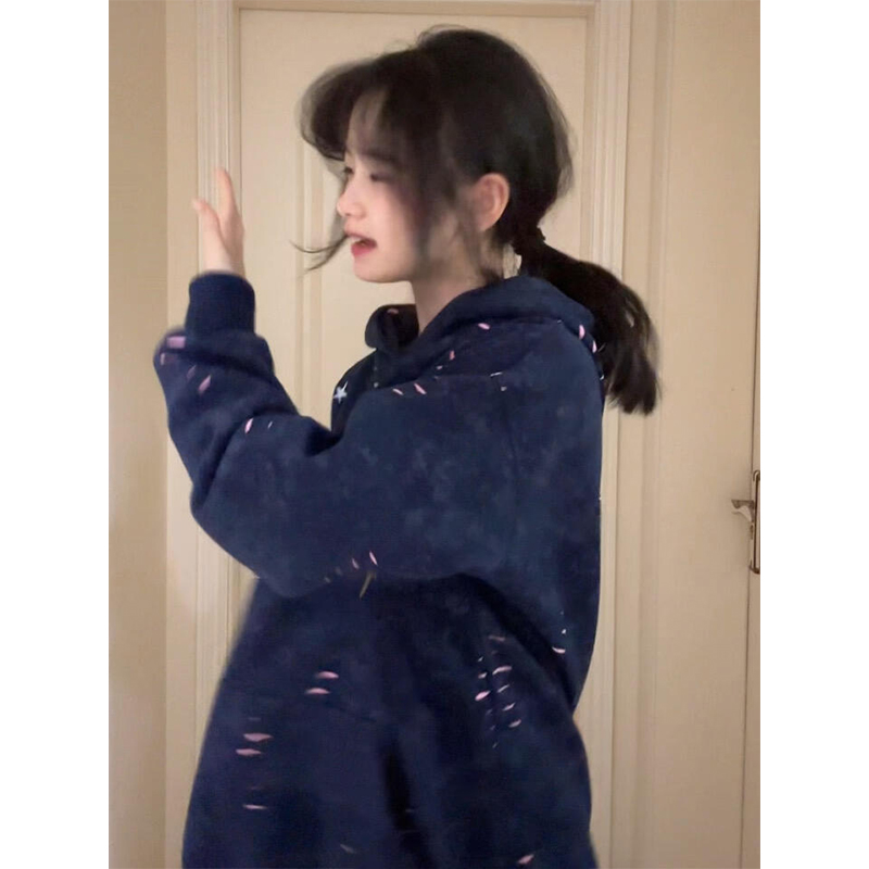 美式高街星星彩点印花连帽卫衣女