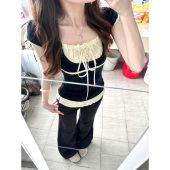 t恤女夏季 2026新款 修身 纯欲bm风假两件短袖 撞色蕾丝拼接短款 上衣