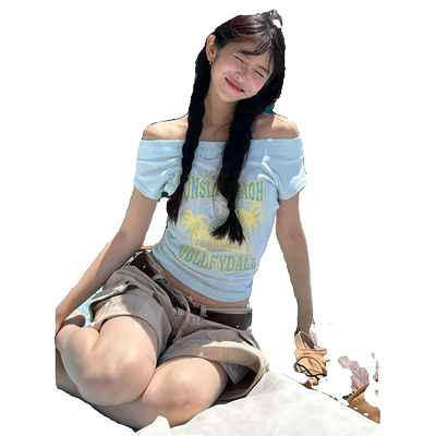 纯欲甜辣风一字肩短袖t恤女夏季