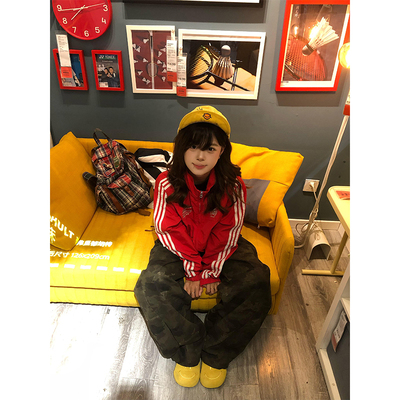 美式红色立领三条杠夹克外套女秋