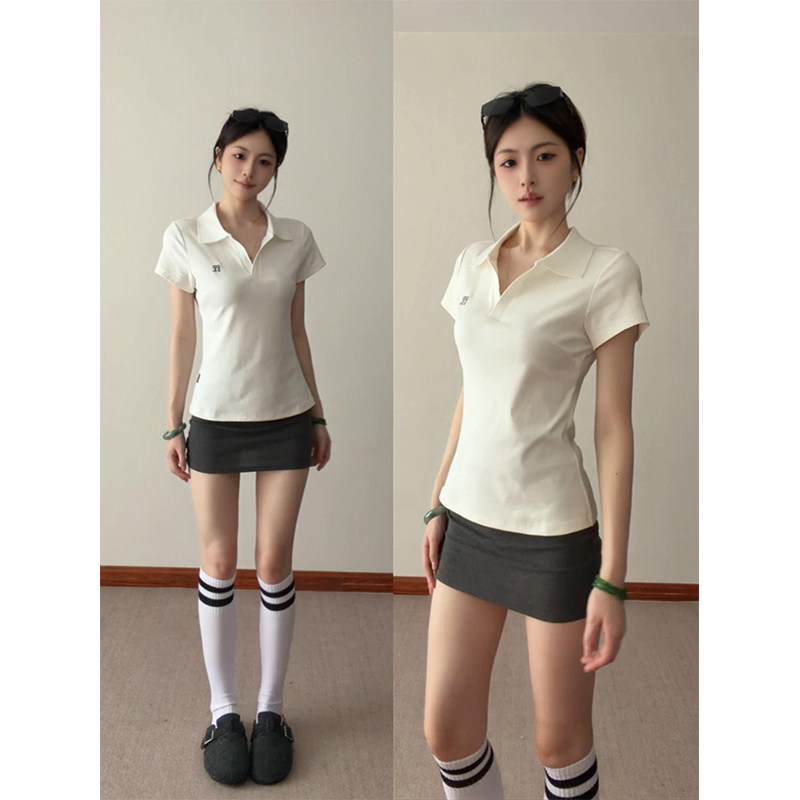 韩系气质V领正肩POLO衫t恤女夏季修身收腰翻领运动网球服短袖上衣