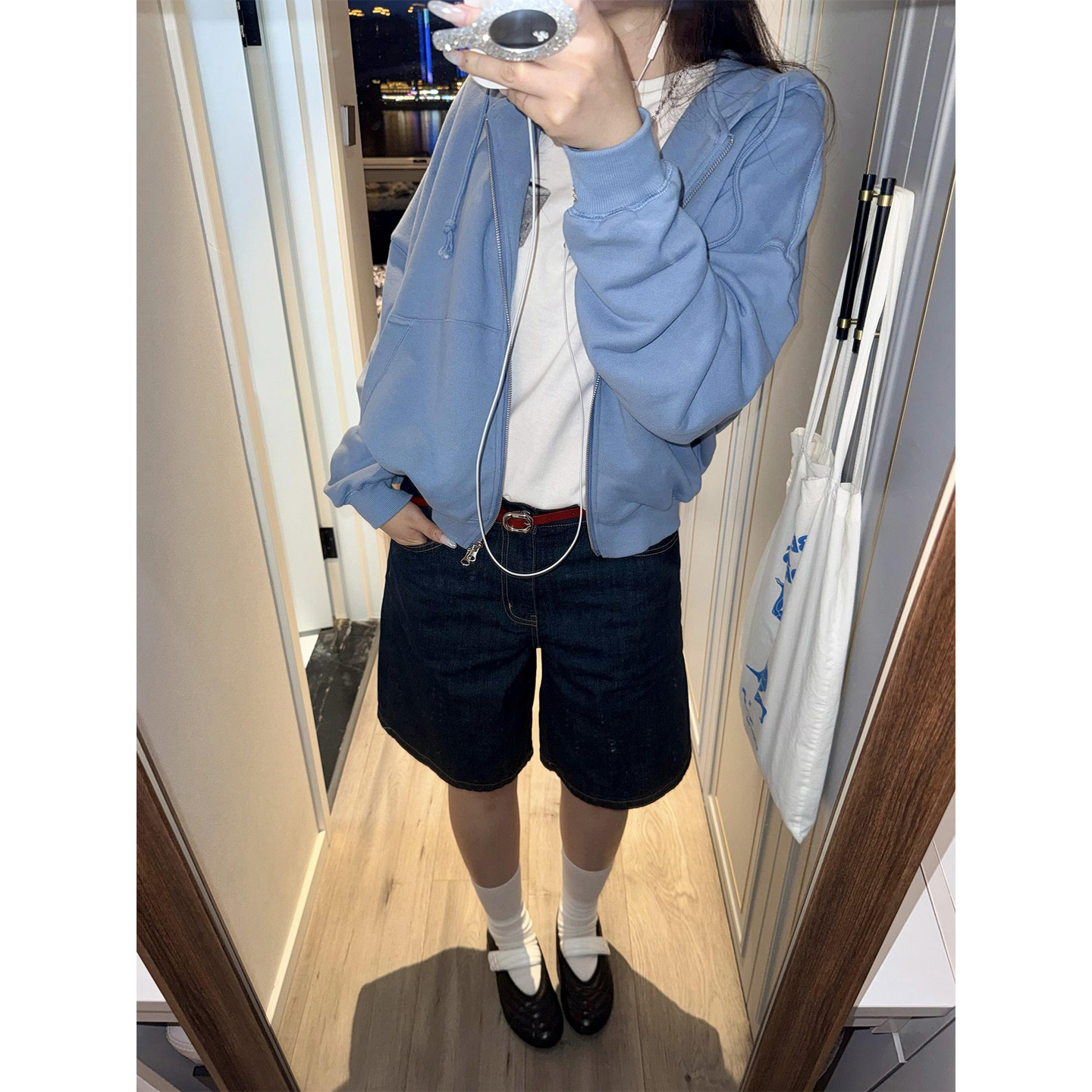 基础奶蓝色短款卫衣开衫连帽拉链外套女秋季运动休闲宽松纯色上衣