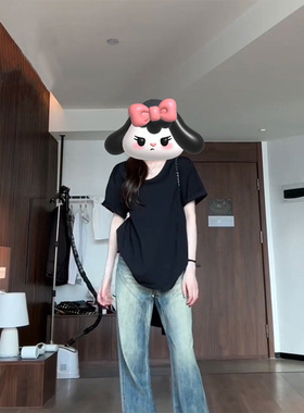 黑色v领正肩宽松短袖t恤女夏季2025新款纯棉内搭显瘦半袖休闲上衣