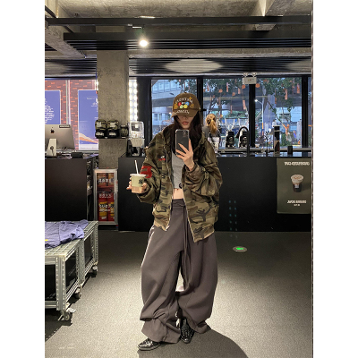 美式高街迷彩刺绣连帽开衫卫衣女