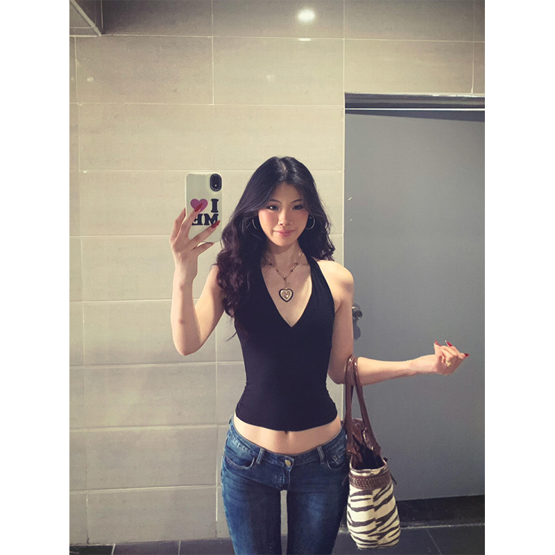 美式辣妹V领黑色挂脖吊带背心女