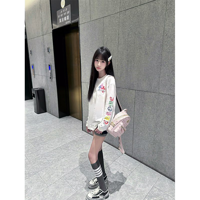 国潮牌十字架彩色字母长袖t恤女