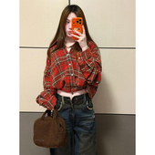 美式 高级感小众慵懒衬衣外套 新款 复古红色格纹松紧下摆衬衫 女春季