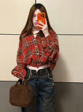 美式复古红色格纹松紧下摆衬衫女春季新款高级感小众慵懒衬衣外套