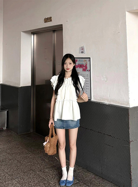 法式荷叶边白色飞飞袖衬衫女夏季2024新款独特别致漂亮娃娃衫上衣