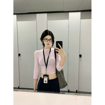 性感辣妹中袖粉色t恤女夏季修身