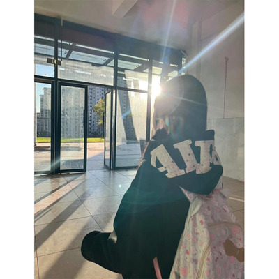 国潮牌刺绣字母连帽黑色卫衣女冬