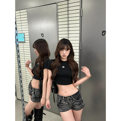 美式辣妹黑灰牛仔短裤女夏季2025