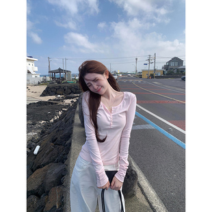 bm风亨利领半开排扣长袖t恤女秋季内搭打底衫韩系修身纯欲风上衣