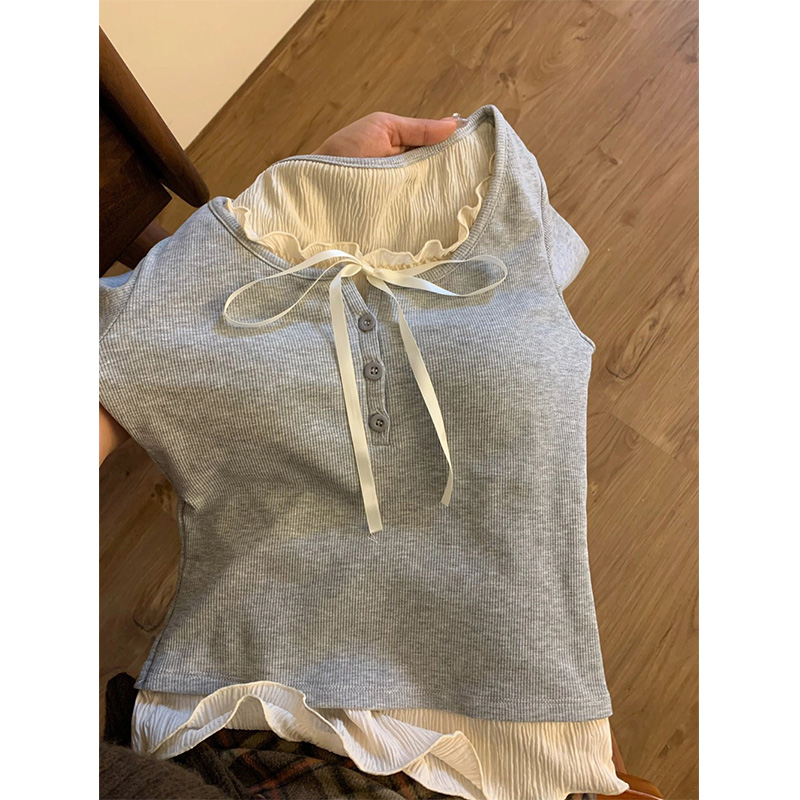 蕾丝花边假两件德绒打底衫女秋冬