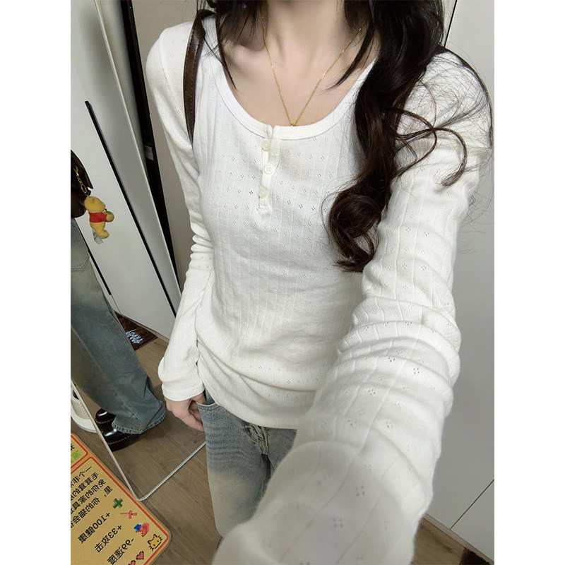 bm风三粒纽扣正肩长袖t恤女2026早春季新款修身内搭打底chic上衣