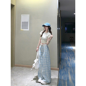 裤 高腰垂感休闲直筒显瘦设计感慵懒风薄款 子 女夏季 蓝色格子阔腿裤