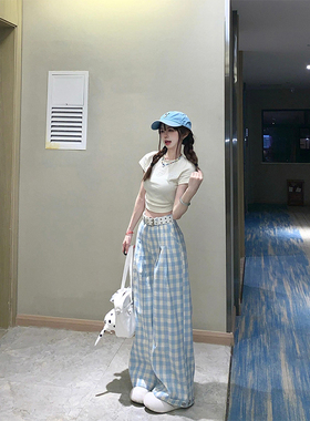 蓝色格子阔腿裤女夏季高腰垂感休闲直筒显瘦设计感慵懒风薄款裤子