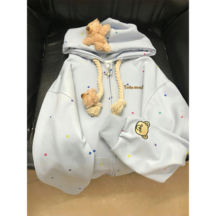 奶fufu可爱拆卸毛绒小熊连帽卫衣女春秋季 设计感小众oversize外套