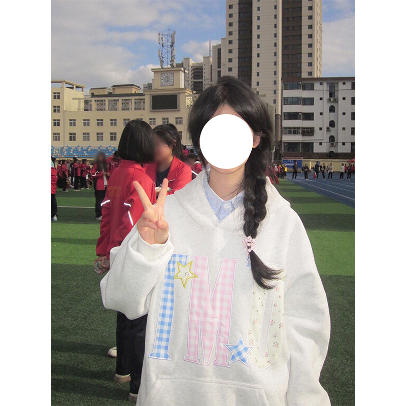 国潮牌白灰色刺绣连帽卫衣女秋冬