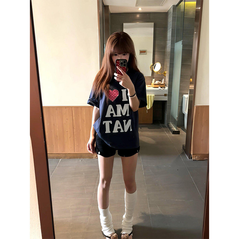 美式复古爱心波点字母短袖t恤女夏季新款情侣宽松设计感半袖上衣