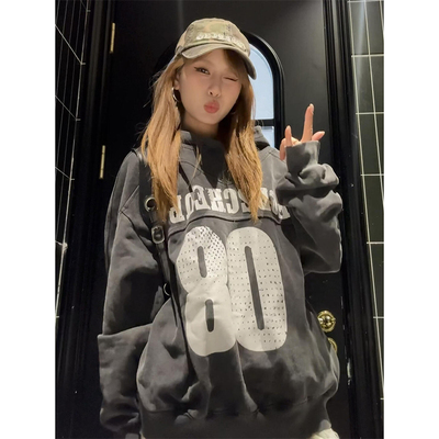 美式复古做旧裂纹连帽卫衣女秋冬