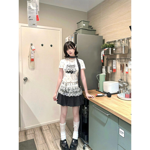 2025新款波点印花正肩短袖t恤女