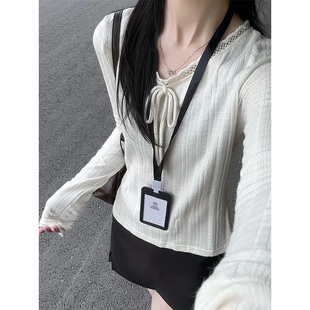 长袖 显瘦内搭打底衫 t恤 女春秋修身 少女感bm韩系蝴蝶结提花针织衫