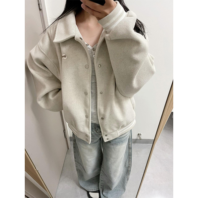 美式复古毛呢棒球服外套女秋冬季