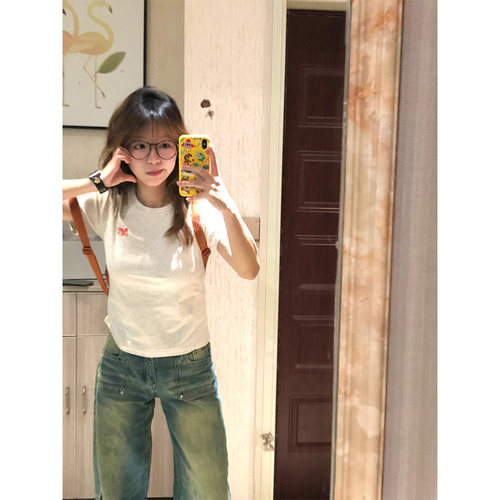 蝴蝶结正肩白灰色短袖t恤女夏季