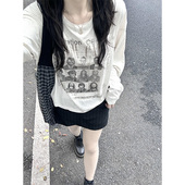 美式 宽松显瘦遮肉上衣 防晒罩衫 复古乐队歌手印花长袖 t恤女夏薄款