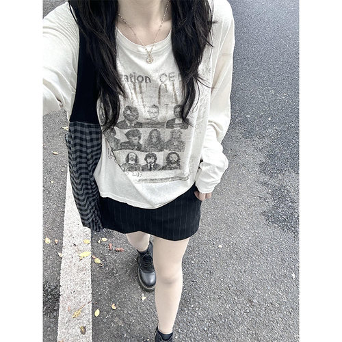 美式复古乐队歌手印花长袖t恤女