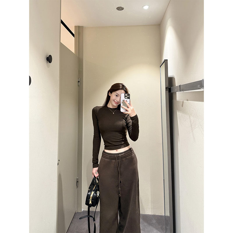 美式咖色正肩内搭打底衫女秋冬修身短款基础百搭辣妹长袖t恤上衣,女装/女士精品,T恤,淘宝优惠券,粉丝福利购,淘宝优惠卷