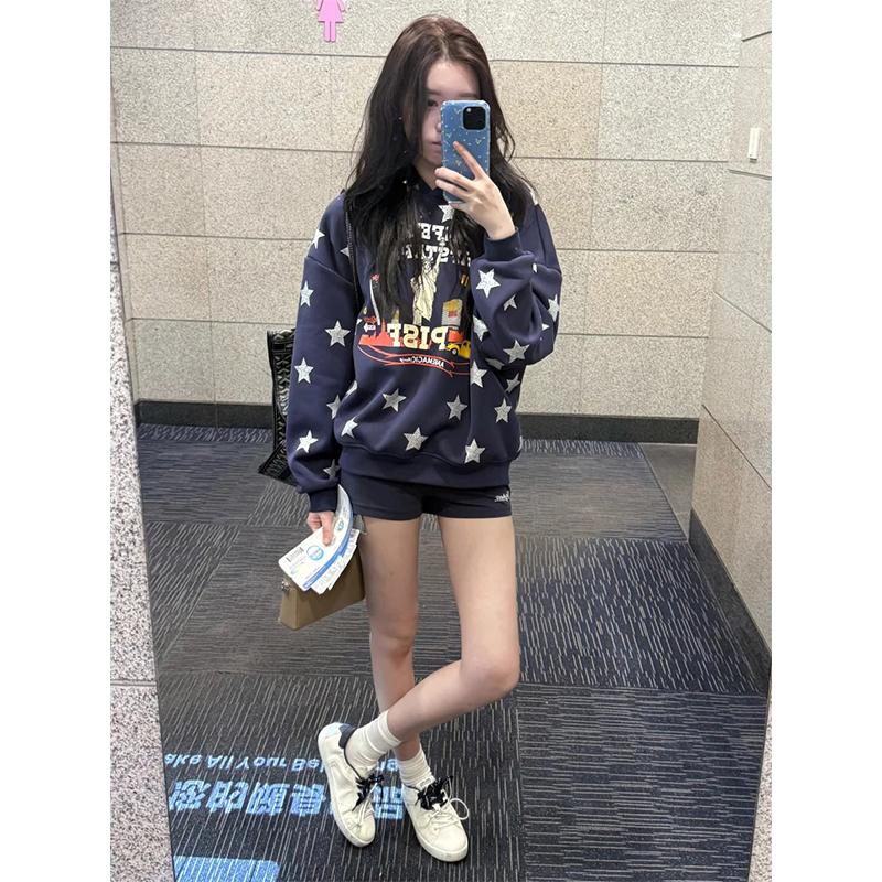 美式复古碎片星星印花连帽卫衣女