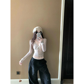 收腰显瘦小众蕾丝衫 纯欲风甜辣性感V领长袖 t恤女春秋2025新款 上衣