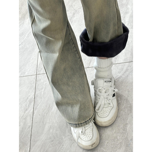 美式复古加绒微喇牛仔裤女秋冬2025新款高腰显瘦小个子直筒阔腿裤