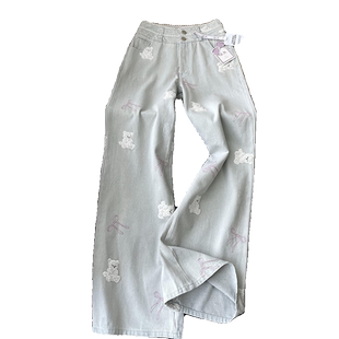 小熊刺绣蝴蝶结浅蓝色牛仔裤女春秋2026新款高腰显瘦阔腿直筒长裤