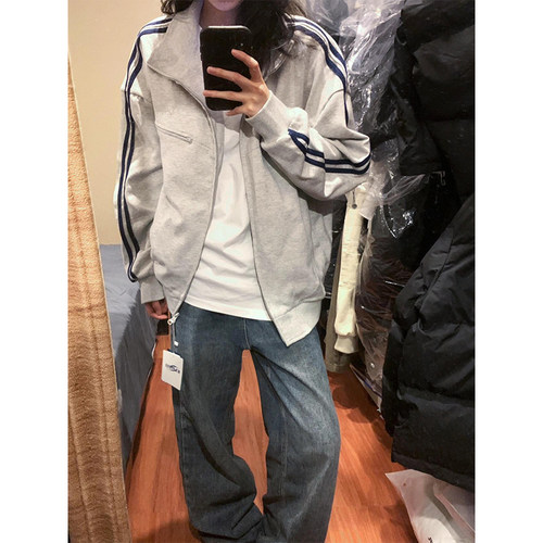 美式潮牌设计条纹开衫卫衣外套女