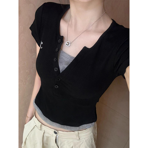 纯欲v领黑色假两件正肩短袖t恤女
